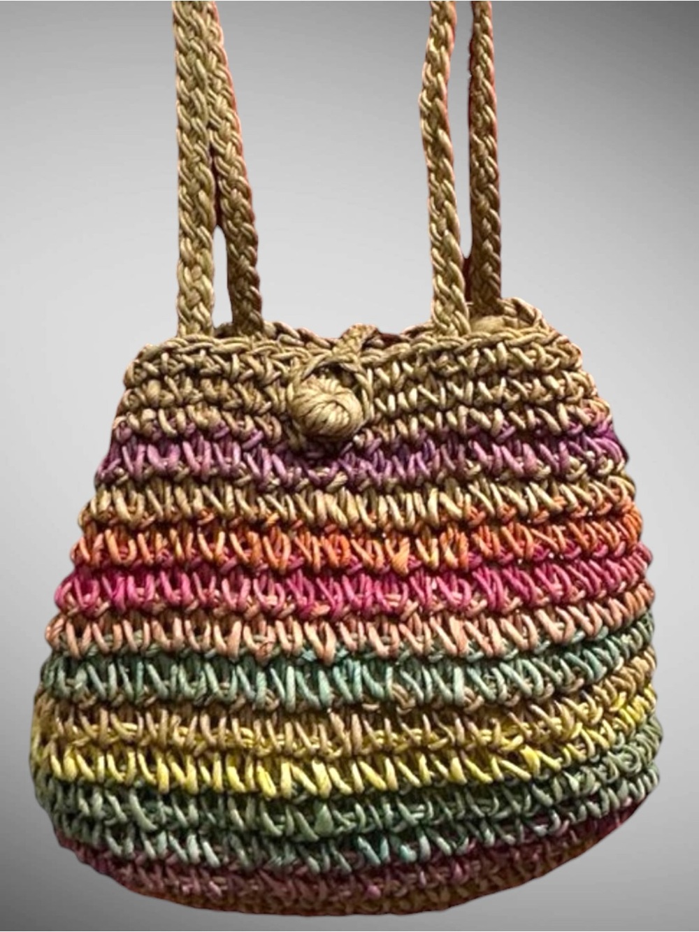Vintage Rainbow Straw Jute Tote Hobo Bag Boho Beach Crochet Purse